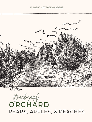 Illustration of an orchard with trees and a path, labeled 'Backyard Orchard Pears, Apples, & Peaches'.

