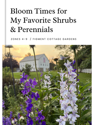 Book cover with flowers and a house in the background, titled 'Bloom Times for My Favorite Shrubs & Perennials'.

