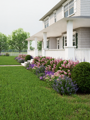 Lush green lawn with a row of colorful flowers in front of a white house.

