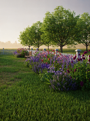 Garden with colorful flowers and trees in the background.
