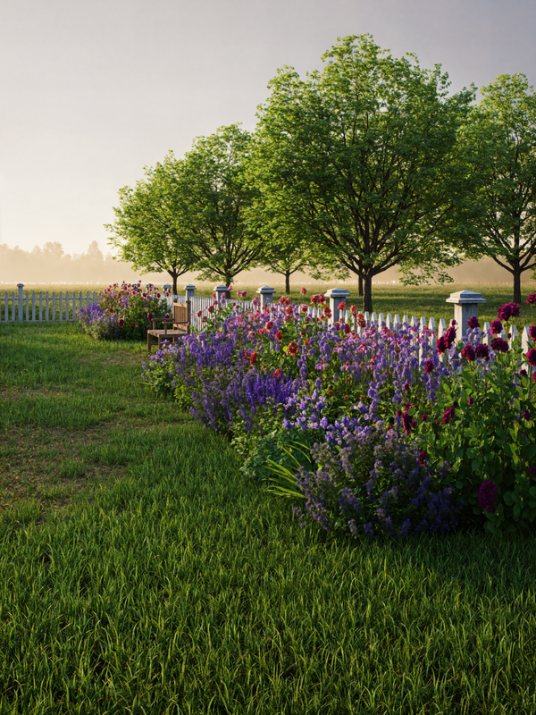 Garden with colorful flowers and trees in the background.