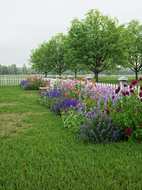 Colorful rose garden and cottage garden with a white picket fence in the background

