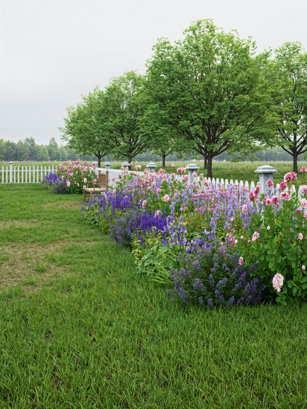 Garden with colorful flowers and trees in the background with pink roses

