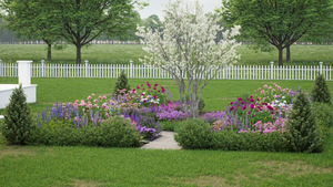 Symmetrical parterre rose garden with boxwoods and topiaries.