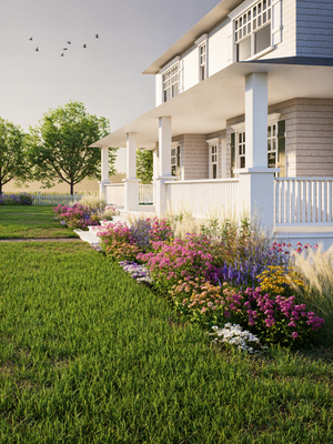 House with a well-maintained garden featuring colorful flowers and green grass.


