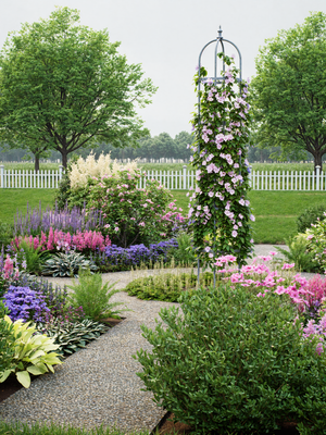 Obelisk with climbing roses in the middle of a parterre garden