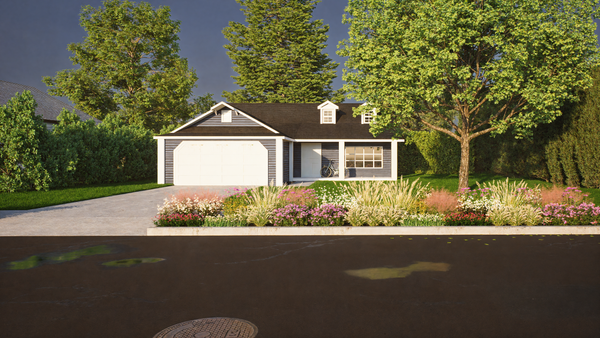 House with a native garden planted between the sidewalk and the street 