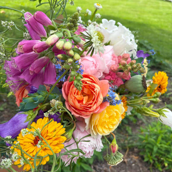 A sunset colored bouquet of calendula, apricot rose, foxglove, canterbury bells, and peony with a green grass background

