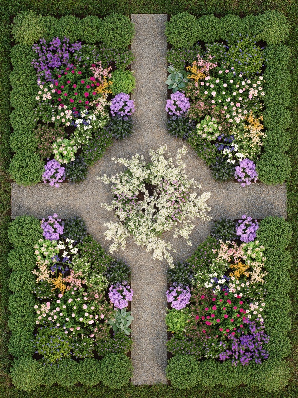 Formal full sun cottage garden parterre plan with boxwood hedging and tree in the middle