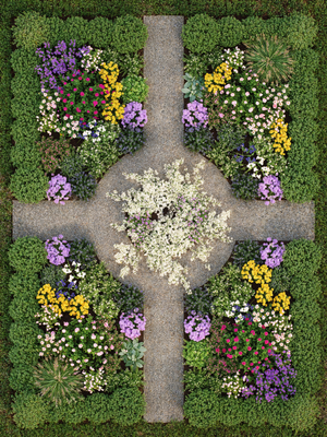 A cross-shaped garden design with various colored flowers and boxwoods.