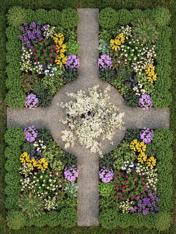 A cross-shaped garden design with various colored flowers and boxwoods.
