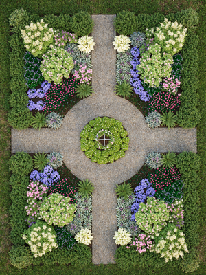 Aerial view of a formal english cottage garden for shade plants.