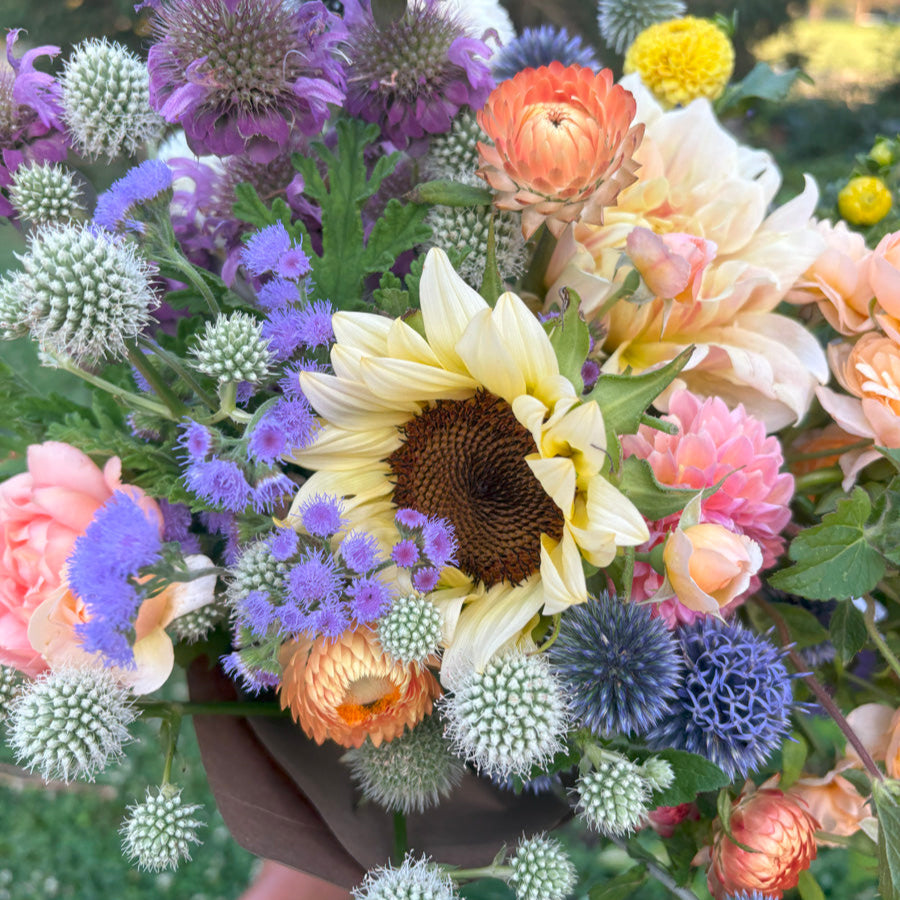 Sunflower, thistle, bee balm, strawflower, dahlia, and eryngium bouquet.